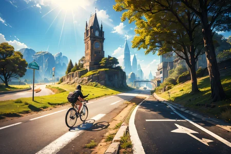 (Realistic:1.5) animal, cliff, road sign, ground vehicle, looking at viewer, fantasy, sunbeam, knife, from behind, crosswalk, field, open mouth, bare tree, walking, bicycle, dappled sunlight, tongue out, tower, reflection, road sign, <lora:EdobSyFyHorrorFairyTale_v1.0:0.8>