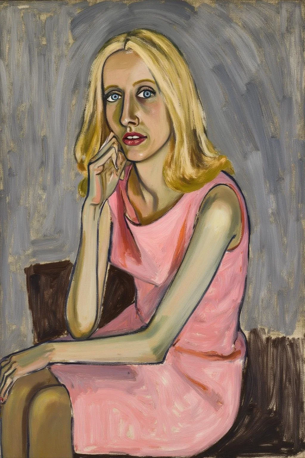 aliceneel1 painting.
A blonde woman with large eyes gazes directly at the viewer. She has long, wavy blonde hair that falls past her shoulders and is dressed in a sleeveless pink dress.
<lora:aliceneel1_cap_d6a3e12:1.0><lora:842439182350576374:0>