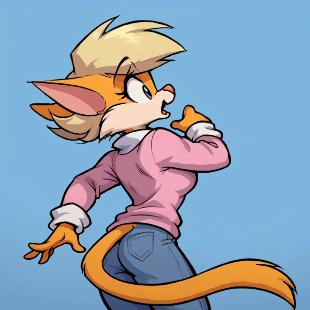 score_9, score_8_up, score_7_up, score_6_up, score_5_up, score_4_up, (Source furry), <lora:clarisse_cat:0.8>, clarissecat, bottomless, 1girl, solo, open mouth, simple background, long sleeves, animal ears, tail, cat tail, blue background, furry, blonde hair, short hair, orange fur, two tone fur, furry female, cat girl