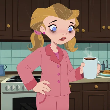 score_9, score_8_up, score_7_up, 1girl, solo,
pale-skin, light blue eyes, medium-length blonde hair, pigtails with pink hair ties, pink pajamas,
perfect hands, show accurate, perfect anatomy, med body,
indoors, small perky breasts, kitchen, hand on hip, loose clothing, holding a cup of coffee in hand, sleepy eyes, bags under eyes, loose clothes,