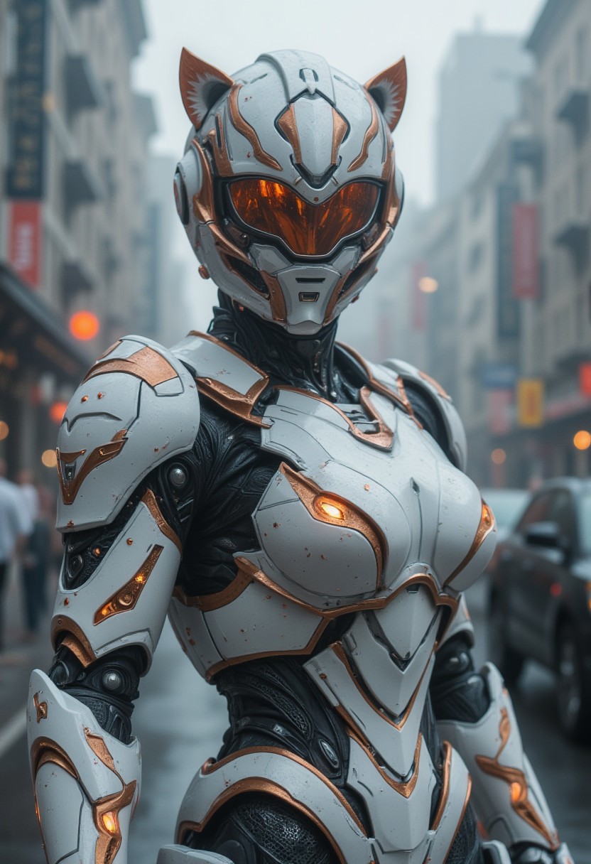 realistic photo of white futuristic metal mech armor suit, detailed full helmet, visor, tactical armor, [sports car], tiger ears, upper body, hero, by Jeremy Lipking, by Antonio J Manzanedo, [by Alphonse Mucha], masterpiece, (pov), foggy city street, varied depth of field, [movie scene], upper body, (facing viewer, straight-on:1.4)