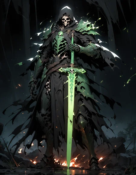 glowing style, green glowing weapon, green glowing sword, weapon, holding, right hand sword, armor, sword, Skeleton Warrior, solo, male focus, 1boy, skull, breastplate, standing, glowing, hood, shoulder armor, gauntlets, torn clothes, 1other, pauldrons, torn, fire, outdoors,(in the dark, deep shadow, low key, cold light), night,Exquisite and clear,<lora:glowing_style_XL_16E_GPmixV_V1.7:1>