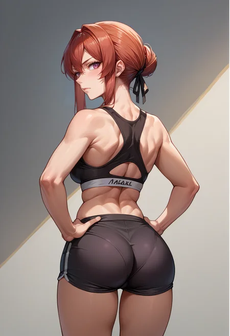 score_9, score_8_up, source_anime, 1girl, solo, MonarchAL, hair bun, sidelocks, black hair ribbon, from behind, looking back, hands on hips, sports bra, black shorts, ass, <lora:ChamMonarchPonyXL:1>
