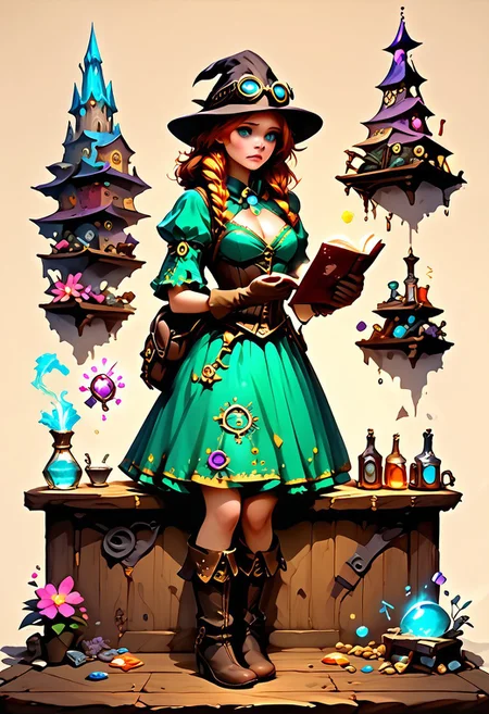 score_9, score_8_up, score_7_up, score_9, score_8_up, score_7_up, score_6_up, score_5_up, (witchcraft:1.3) 1girl Beautiful alchemist, leaning forward studying magic Book on bench,copper hair, Steampunk goggles, goggles on head, (Alchemy and Tinker shop, tools, potions, bottles, workbench, wooden walls, wood furniture, schematics on wall, blueprints on wall, proud, green dress, brown corset, leather belt, Brown Backpack, too many pouches, massive boots, gloves,l charts in a tower filled with magical orbs | Wizard activating a golem in a rune-lit workshop | Alchemist mixing potions amid hovering magical essences | Enchantress reading a spellbook while a magic quill writing notes, studying a steampunk-inspired chronomancer's clock, steampunk, gears,magical symbols, flower ornate, magic, wicca, gems and crystals, elaborate,abstract, woman, art style, bioluminescent, (amazing fantasy setting, Ultra Realistic, trending on artstation, exaggerated, detailed background:1.1)