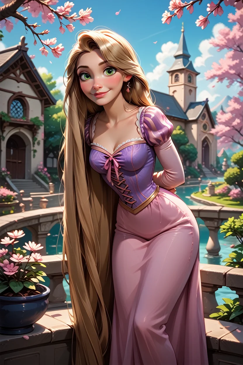 score_9, score_8_up, score_7_up,
<lora:DisneyRapunzel:0.8>
DisneyRapunzel, 1girl, blonde hair, green eyes, very long hair, looking at viewer, arms behind back, leaning forward, standing, outdoors, cherry blossoms, smile, garden, church