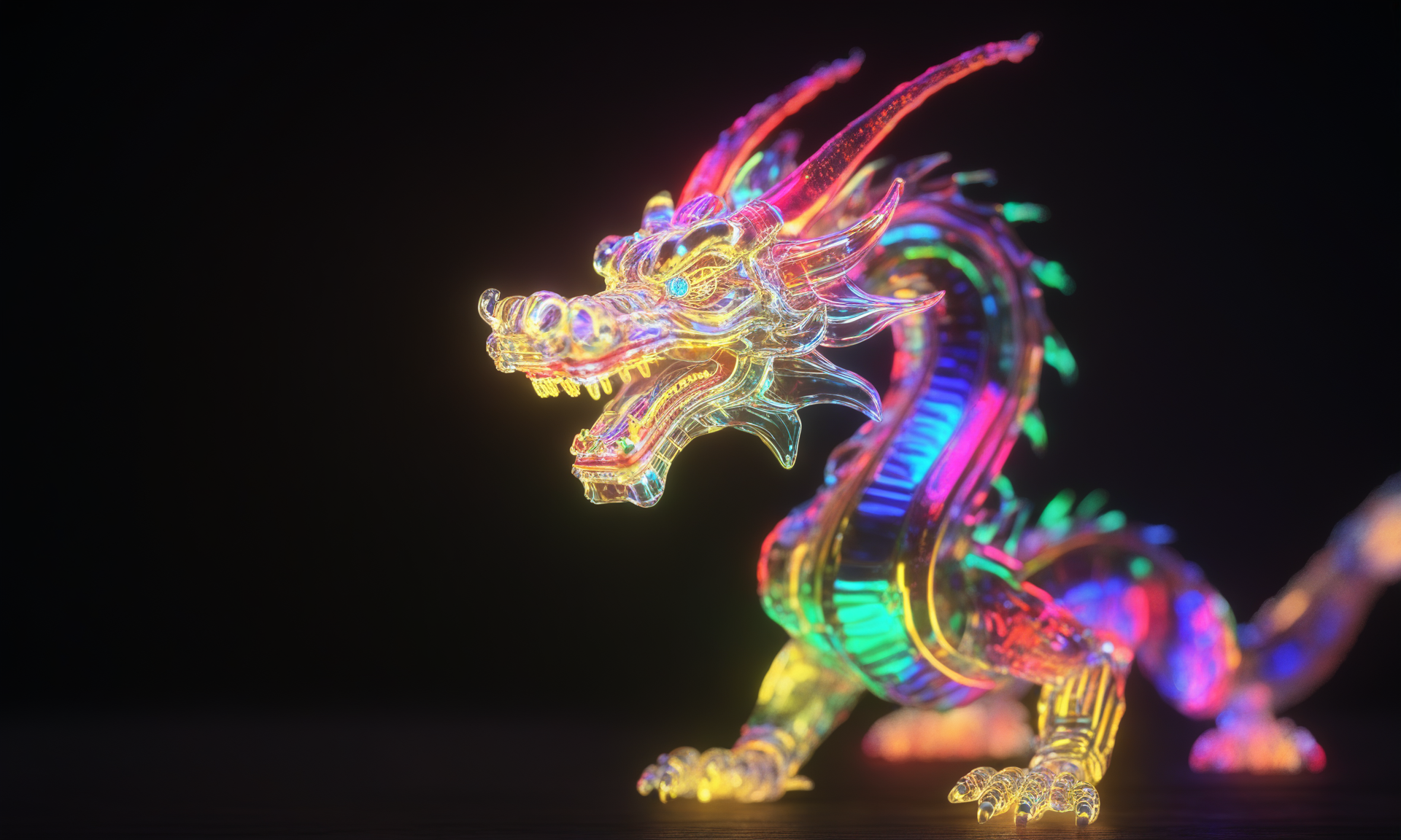<lora:shineglasscd_xl-000005:0.7>,a (shineglasscd_xl,shine glass,neon lights,light particles,colorful:1.3,gradient,chromatic aberration) mechanical chinese dragon,no humans,long-focus,tilt-shift,dark background,simple background,full body,chinese zodiac,cutie,cute,still life,front view,facing viewer,looking at viewer, emotional,harmonious,high budget,moody,epic,gorgeous,perfect lighting,realistic,photorealistic,photographic,photo (medium),real,moody lighting,volumetric lighting,reality ray tracing,8K,HDR,UHD,masterpiece,best quality,highly detailed,high resolution,finely detail,extremely detailed,ultra detailed,wallpaper