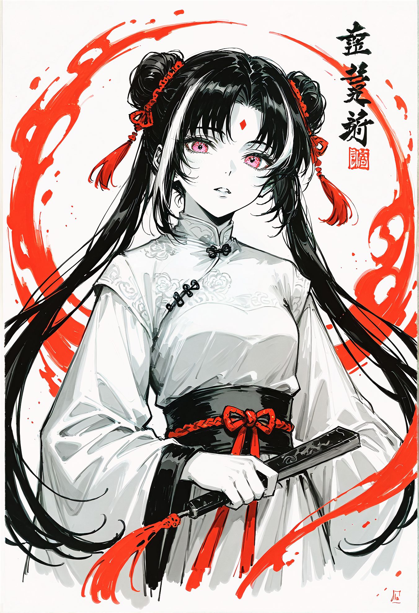 ink wash painting, traditional media, solo, JiaXichunLimbus, long hair, twintails, multicolored hair, black hair, white hair, streaked hair, double bun, pink eyes, looking at viewer,
chinese clothes, long sleeves, hanfu, holding, parted lips, qixiong ruqun, red hair, fan, holding fan, upper body, white background,
jia xichun /(project_moon/),
monochrome, greyscale,
monochrome, greyscale, spot color, ink wash painting,
very aesthetic, absurdres, masterpiece, best quality, amazing quality
<lora:incase_v14:0.8> <lora:Smooth Anime Style LoRA XL:0.4> <lora:JiaXichun_Limbus:0.8>  <lora:748cmSDXL:0.65>