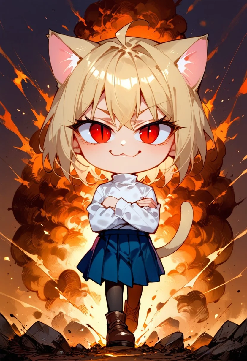 ng_deepnegative_v1_64t, score_9, score_8_up, score_7_up, Expressiveh, very detailed, white outline, arms crossed, smug, high quality, necoarc, blonde hair, red eyes, slit pupils, cat ears, :3, chibi, giant explosion, cool, turtleneck, wearing cool shades, tail, close up, white shirt, blue skirt, pleated skirt, pantyhose, brown footwear, circle hands