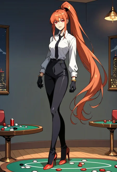 score_9, score_8_up, score_7_up, 1girl, night, indoor, in a casinò, full body, dynamic shot, from high, long legs standing behing a poker table, green table, solo, dynamic pose, Feng Ling, orange hair, red eyes, medium breast, long hair, ponytail, black pants, white shirt, long sleves shirt, black gilet, black neck tie, red heels, gold slim bracelets, black gloves, looking at the viewer, long legs, nice legs, white hips ultra detailed, masterpiece, close up, upper body<lora:add-detail-xl:1>, <lora:StS_PonyXL_Detail_Slider_v1.4_iteration_3:4>