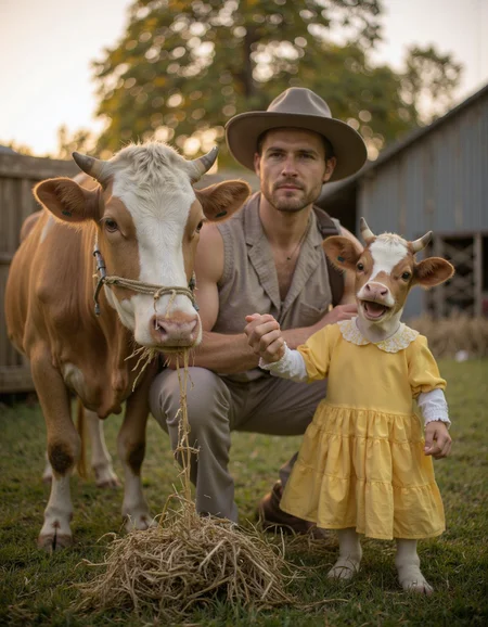 cinematic photo of A family portrait of a man, cow and calf. shyly smiling man with a guilty look on his face stands next to a cow chewing hay. A man holds the hand of a happy anthropomorphic calf with cow-like features and horns, dressed in yellow dress. farm, green grass, tree, barn, sunny weather, golden hour, romantic atmosphere <lora:Synesthesia:1> <lora:lqstyle_r15:0.6> <lora:iphone-dev-7:0.4>, 35mm photograph, film, bokeh, professional, 4k, highly detailed