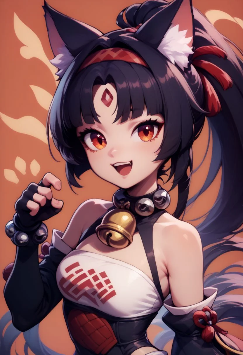 score_9, score_8_up, score_8, big breasts, (curvy), cute, eyelashes,
BREAK,
nekomiya mana, black hair, cat ears, red eyes, neck bell, white bandeau, hairband, two tails, detached sleeves, black thighhighs, ponytail, red leotard, leotard under clothes, black shorts, hair ribbon, boots, forehead mark,
nekomiya mana, long hair, looking at viewer, smile, open mouth, gloves, bare shoulders, upper body, black gloves, fingerless gloves, animal ear fluff, bell, jingle bell, neck bell, paw pose, claw pose,
upper body,
zPDXL,