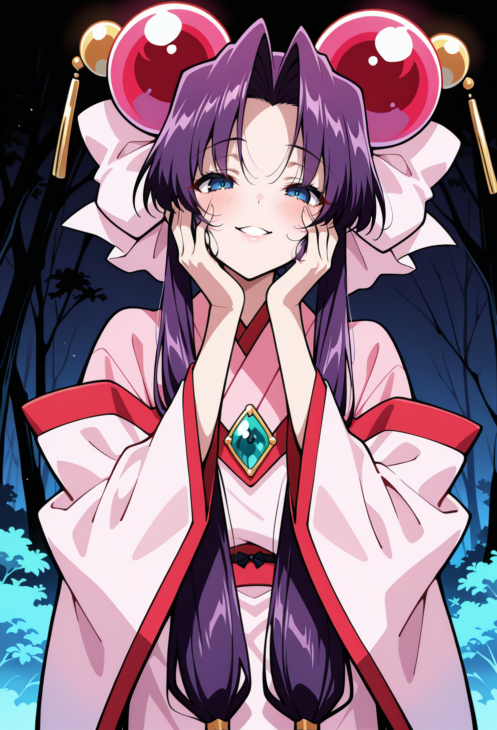 masterpiece, best quality, high quality, anime, amazing quality, very aesthetic, absurdres, highres, newest, HDR, 8K, high detail RAW color art, intricate details, detailed background,
<lora:AECherryIlx:1>
AECherry, blue eyes, purple hair, long hair, low-tied long hair, hair bow, hair ornament, huge bow, pink bow, pink kimono, long sleeves, gem,
smile, hands on own cheeks, yandere trance, yandere