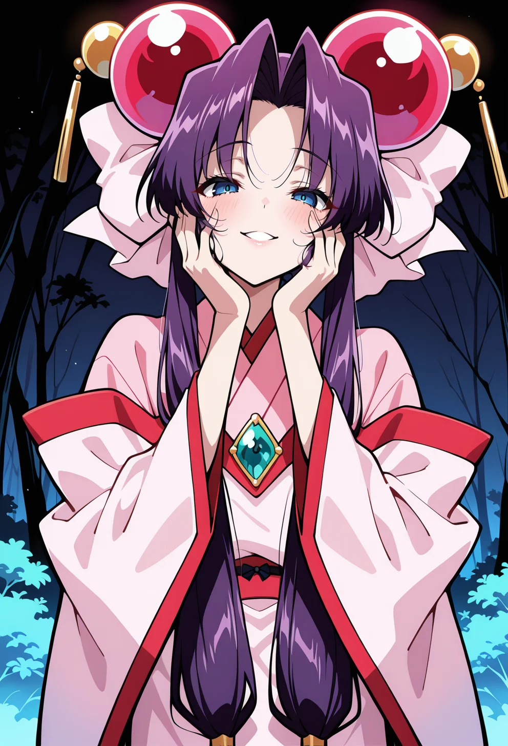 masterpiece, best quality, high quality, anime, amazing quality, very aesthetic, absurdres, highres, newest, HDR, 8K, high detail RAW color art, intricate details, detailed background,
<lora:AECherryIlx:1>
AECherry, blue eyes, purple hair, long hair, low-tied long hair, hair bow, hair ornament, huge bow, pink bow, pink kimono, long sleeves, gem,
smile, hands on own cheeks, yandere trance, yandere