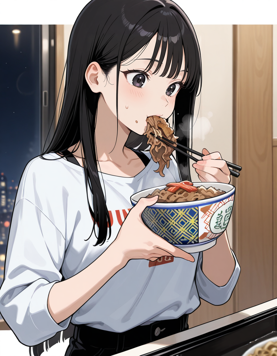 score_9, score_8_up, score_7_up, anime, solo, 1girl, one girl,
Black hair, (chest length hair:1.2), Straight Hair, bangs, one tucked behind ear, black eyes, feature large highlight, feature double highlights, shaped eyeblow,
sensitive,
<lora:donburimono:0.8>, donburimono,
food, chopsticks, gyuudon, eating gyuudon,
(masterpiece:1.3), best quality, high resolution, unity 8k wallpaper, (illustration:1.2), 8K,