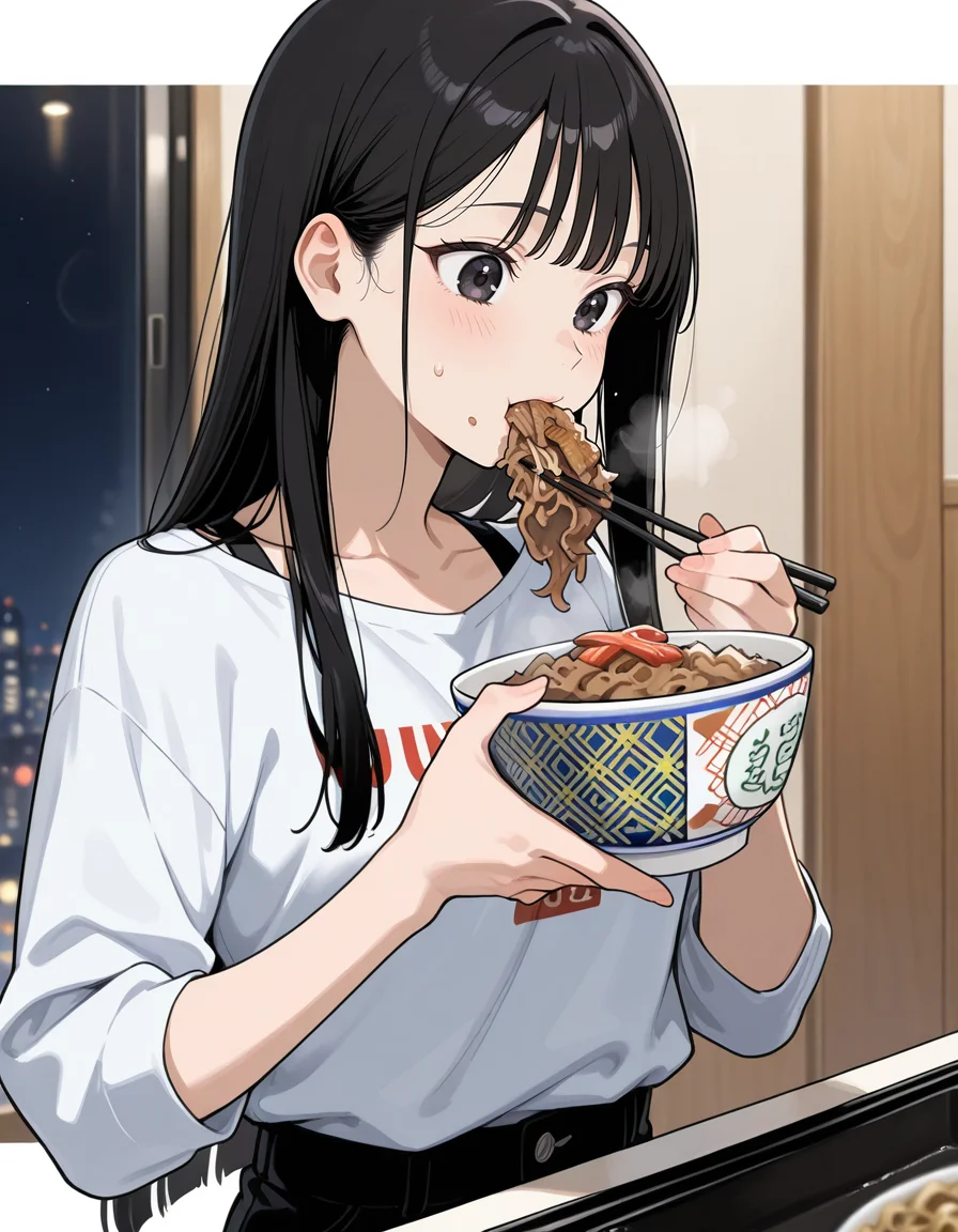 score_9, score_8_up, score_7_up, anime, solo, 1girl, one girl,
Black hair, (chest length hair:1.2), Straight Hair, bangs, one tucked behind ear, black eyes, feature large highlight, feature double highlights, shaped eyeblow,
sensitive,
<lora:donburimono:0.8>, donburimono,
food, chopsticks, gyuudon, eating gyuudon,
(masterpiece:1.3), best quality, high resolution, unity 8k wallpaper, (illustration:1.2), 8K,