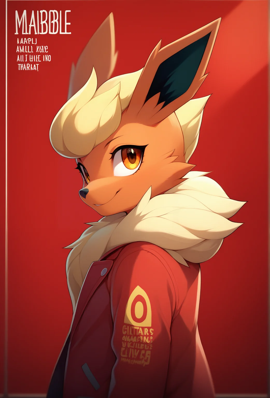 score_9, score_8_up, score_7_up, score_6_up, score_5_up, score_4_up, <lora:marblesoda_style_ponyXL_v1.2:1> marblesodastyle, (red background, red theme:1), depth of field, english text, character name,
1girl, solo, furry, flareon, amber eyes, eye reflection, flipped hair, short hair, antenna hair, bangs, happy, looking at viewer, from side, leaning, jacket, skirt