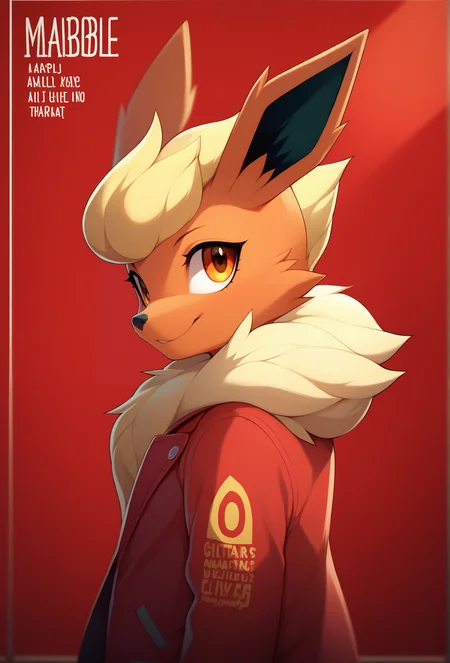 score_9, score_8_up, score_7_up, score_6_up, score_5_up, score_4_up, <lora:marblesoda_style_ponyXL_v1.2:1> marblesodastyle, (red background, red theme:1), depth of field, english text, character name,
1girl, solo, furry, flareon, amber eyes, eye reflection, flipped hair, short hair, antenna hair, bangs, happy, looking at viewer, from side, leaning, jacket, skirt