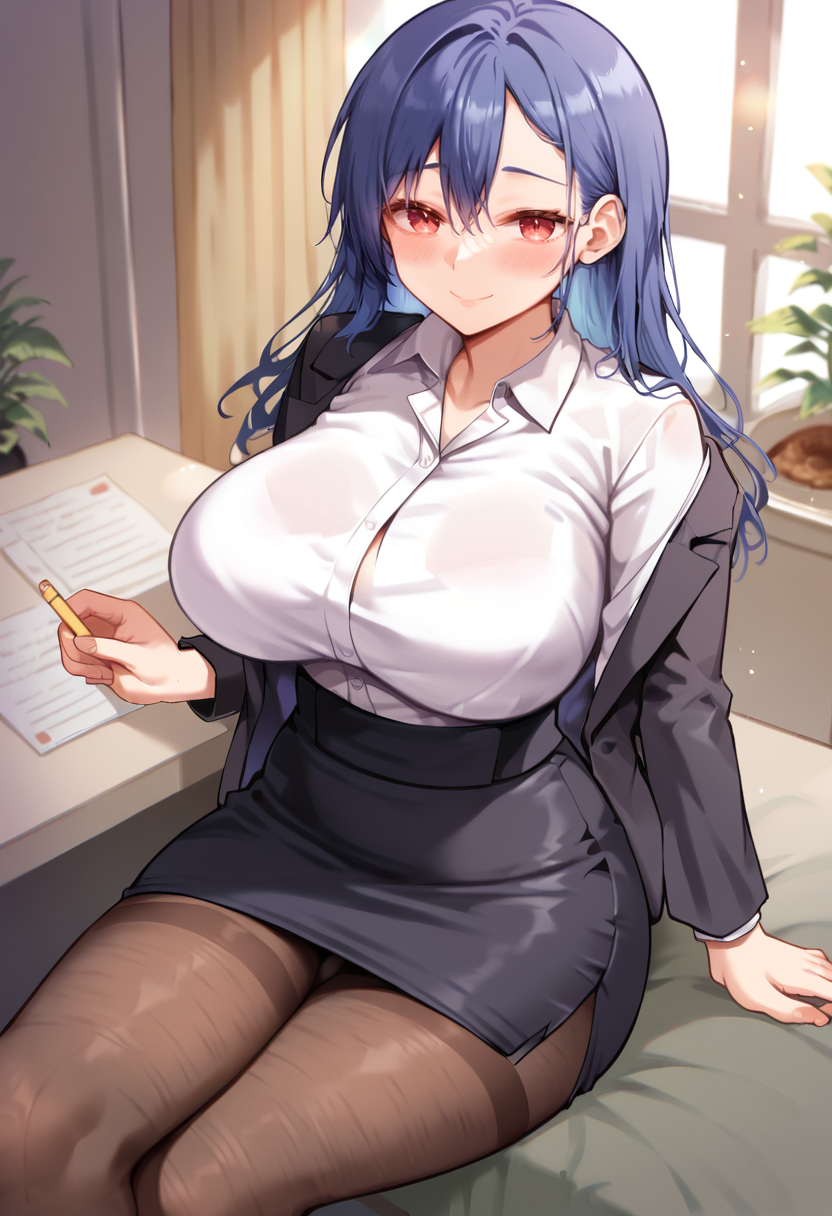 score_9, score_7_up,  1girl, 
huge breasts, wide hips, thick thighs, breasts, red eyes, sitting, collared shirt, long sleeves, genderswap \(mtf\), pencil skirt, crossed legs, formal, closed mouth, skirt suit, looking at viewer, blush, suit, genderswap, office lady, high-waist skirt, jacket, pantyhose, black jacket, shirt, hair between eyes, skirt, blue hair, white shirt, smile, black skirt, long hair, thighs, solo, brown pantyhose
 <lora:ikura_nagisa-Style-PonyXL-GLoRA-000038:1>