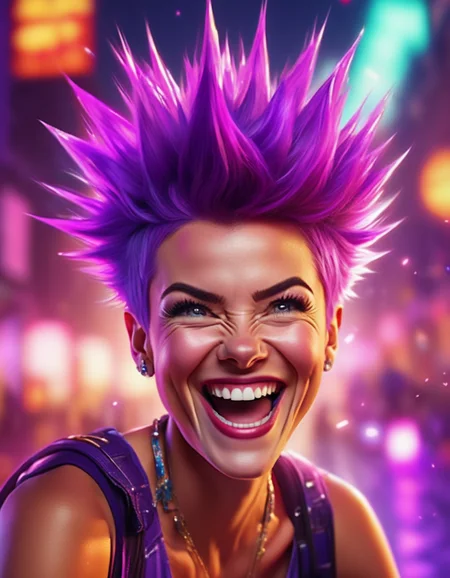 A lively portrait of a woman with short, spiky purple hair, her round face lit up with excitement, her green eyes wide and sparkling, her lips parted in a joyful laugh, full of life and energy. <lora:usual-portrait-v2:1>