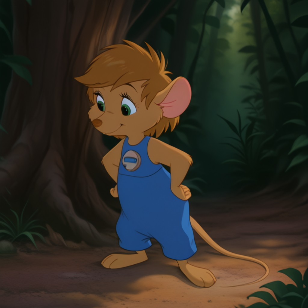 masterpiece, best quality, amazing quality, AbigailouafILv2, semi-anthro, female, mouse, brown fur, green eyes, brown hair, short hair, blue overalls, in a forest, standing, hands on hips, smile, solo, 1girl, full body, <lora:9a428eb3-f864-4010-8b14-a3e76593b1b2:1.0>