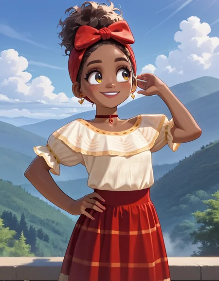 masterpiece, best quality, amazing quality, very aesthetic, absurdres, newest, detailed background, 4k, 8k, outdoors,
doloresxd, 1girl, dark skin, dark-skinned female, solo, hand on hip, earrings, jewelry, smile, outdoors, brown hair, hair bow, very dark skin, skirt, choker, bow, day, cloud, sky, dress, hand up, nature
<lora:Dolores_Madrigal_-_Disney_Illustrious:1>