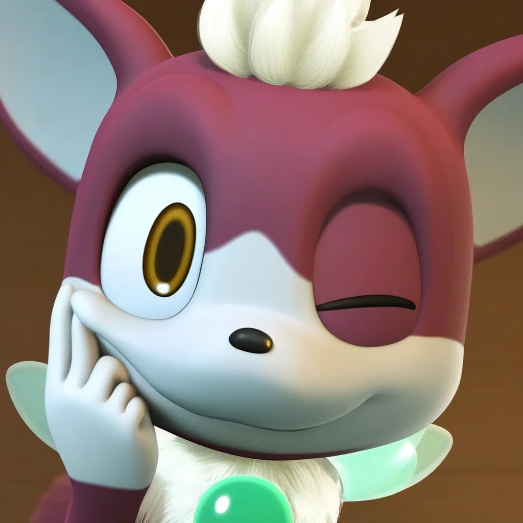 Chip, maroon fur, white fur, solo, 2 toned fur, green gem, tiny, 1 boy, male, cute, black nose, brown eyes, wings, close up, focus on face, smile, happy, cute, finger on cheek, wink, winking at viewer, smile, :3, closed mouth, uwo, focus on face, medium shot, face on, white fluffy hair,
