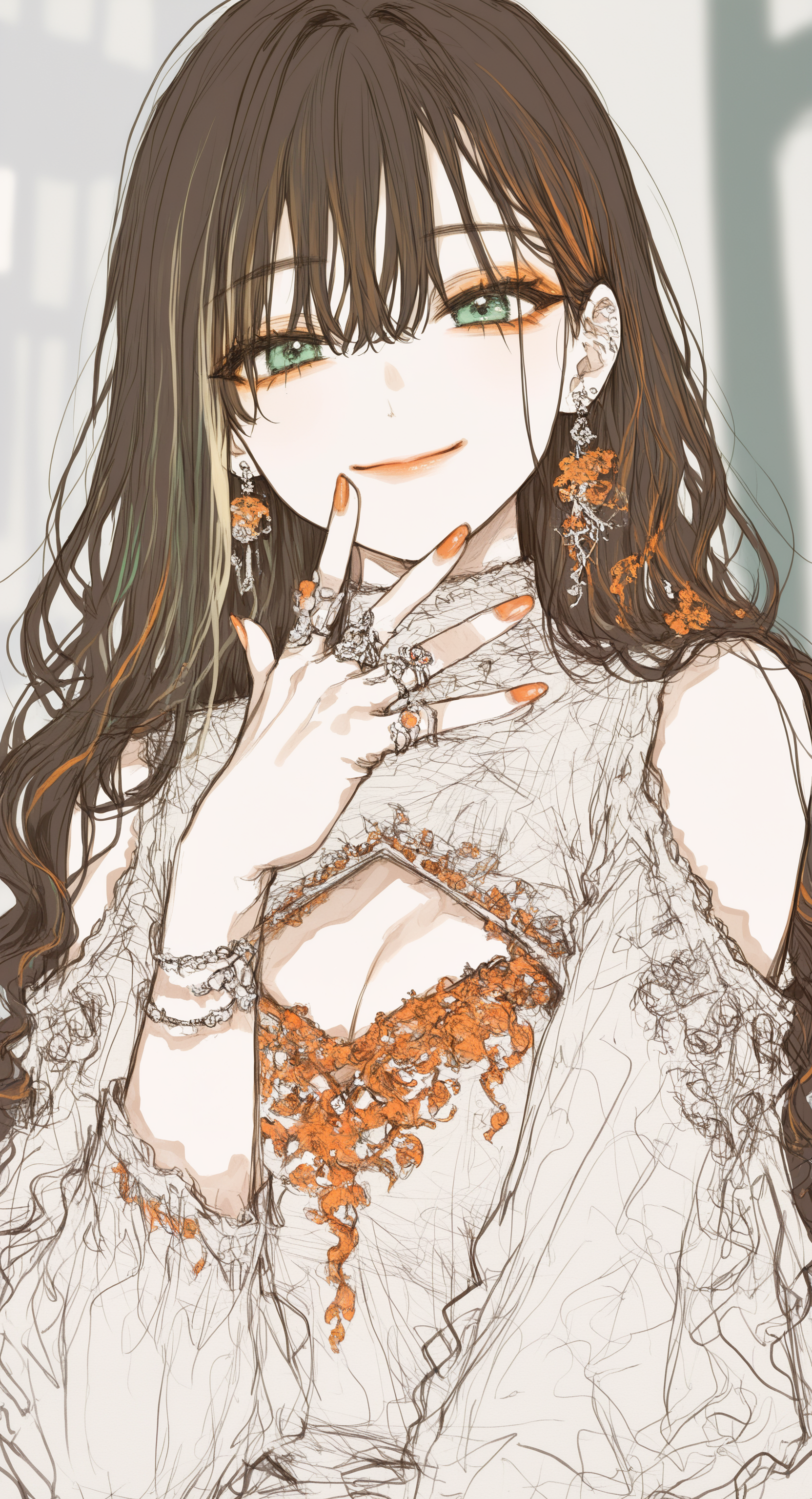 masterpiece, best quality, good quality, very awa, very aesthetic, absurdres, newest, asu \(sinsekai\), 1girl, solo, green eyes, brown hair, long hair,orange eyeshadow, hair between eyes, makeup, multicolored hair, orange nails,streaked hair,
looking at viewer, smile, clothing cutout, cleavage cutout, shoulder cutout, earrings, flower, ring, upper body, blurry, blurry background, line art,sketch,draft,minimalist,dynamic lines, 748cmstyle,
tanemura arina <lora:noobai_ep11_stabilizer_v0.138_fp16:0.3> <lora:NOOB_vp1_detailer_by_volnovik_v1:0.3> <lora:ponyv6_noobV1_2_adamW-000017:0.3> <lora:hs-LineArtIllust:0.8> <lora:745cmSDXLvpred75S:0.6>