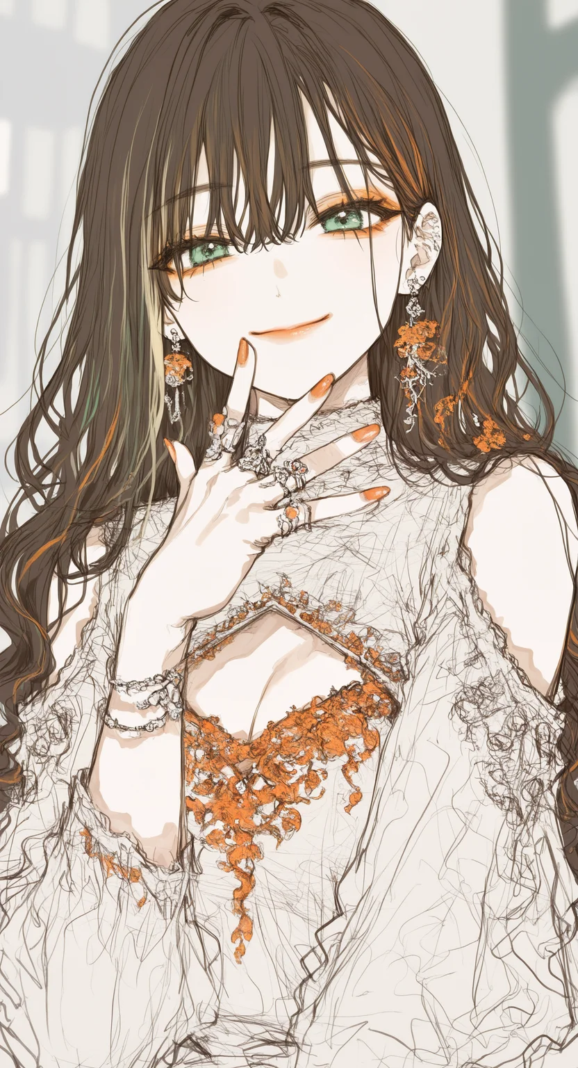 masterpiece, best quality, good quality, very awa, very aesthetic, absurdres, newest, asu \(sinsekai\), 1girl, solo, green eyes, brown hair, long hair,orange eyeshadow, hair between eyes, makeup, multicolored hair, orange nails,streaked hair,
looking at viewer, smile, clothing cutout, cleavage cutout, shoulder cutout, earrings, flower, ring, upper body, blurry, blurry background, line art,sketch,draft,minimalist,dynamic lines, 748cmstyle,
tanemura arina <lora:noobai_ep11_stabilizer_v0.138_fp16:0.3> <lora:NOOB_vp1_detailer_by_volnovik_v1:0.3> <lora:ponyv6_noobV1_2_adamW-000017:0.3> <lora:hs-LineArtIllust:0.8> <lora:745cmSDXLvpred75S:0.6>