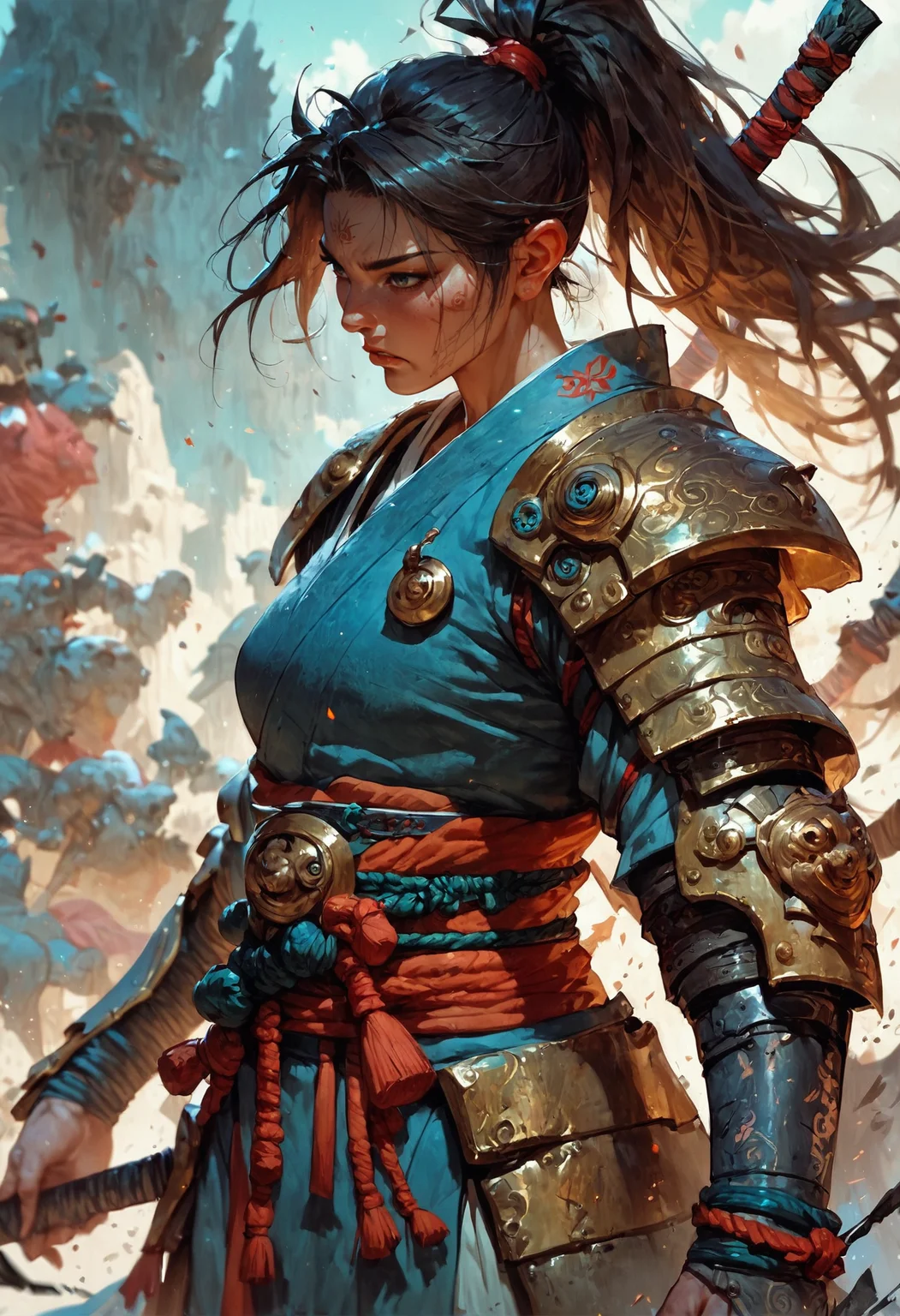 score_9, score_8_up, score_7_up, score_6_up, score_5_up, score_4_up,<lora:Fant5yP0ny:0.8>, samurai woman in armor standing in a battlefield,armor,ponytail,japanese,fantasy,solo focus,epic