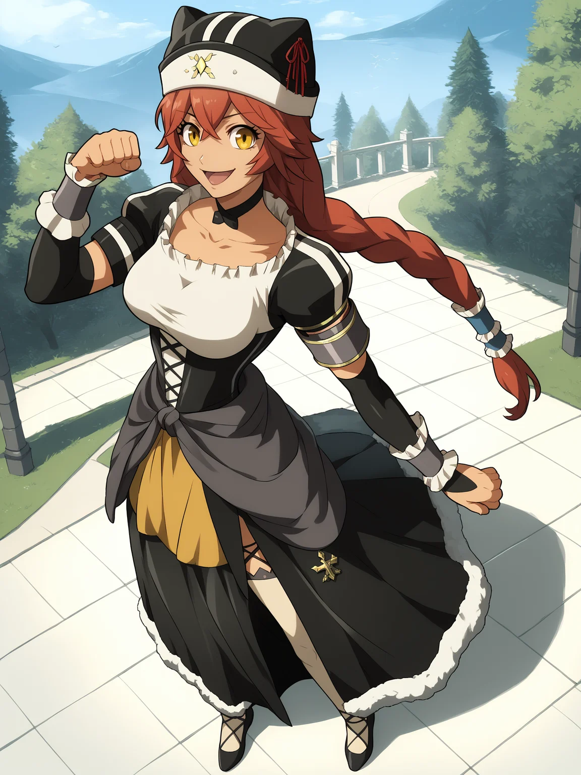 score_9, score_8_up, score_7_up, score_6_up, score_5_up, score_4_up, lupusregina_Black_maid_uniform, lupusreginabeta, medium_breasts, underbust, looking_at_viewer, solo, collarbone, open_mouth, :d, smile, hair_tubes, black_animal_hat, black_choker, white_shirt, taut_shirt, black_corset, puffy_short_black_sleeves, elbow_black_bridal_gauntlets, wrist_cuffs, clothes_around_waist, black_skirt, yellow apron, fur_trim_skirt, long_skirt, side_slit, white_legwear, lace-trimmed_legwear, black_footwear, ballet_slippers, cross-laced_footwear, paw_pose, clenched_hand, hand_up, standing, full_body, outdoors, <lora:Lupusregina_Beta_V1SDXL:1>