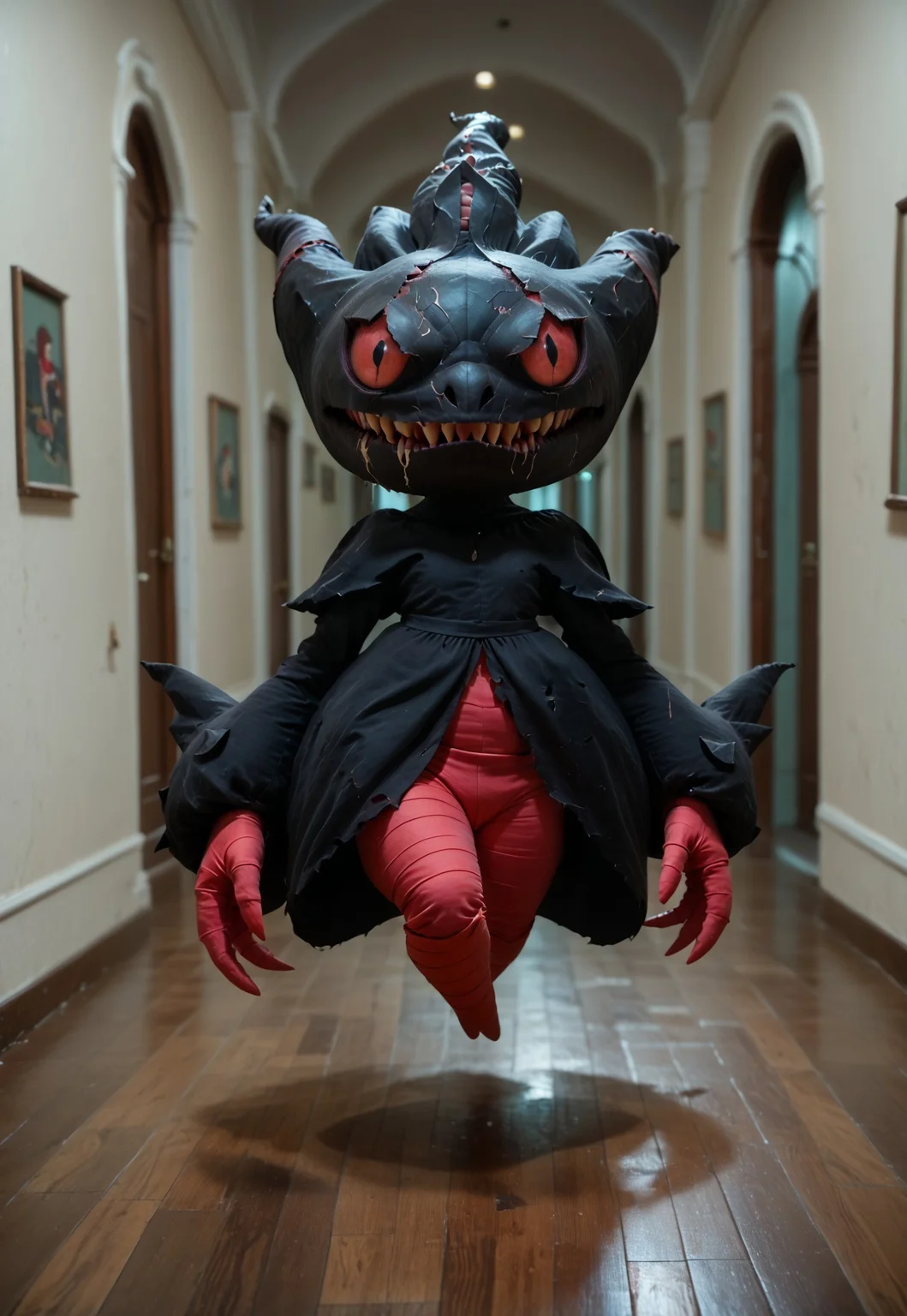 score_9, score_8_up, score_7_up, score_6_up, source_furry, dof, full-length portrait, solo, blurred background, haunted house, dark interior hallway, creepy, dark, night, pokemon (creature), banette_mega, cinematic, dynamic angle, motion blur, floating towards viewer, action
