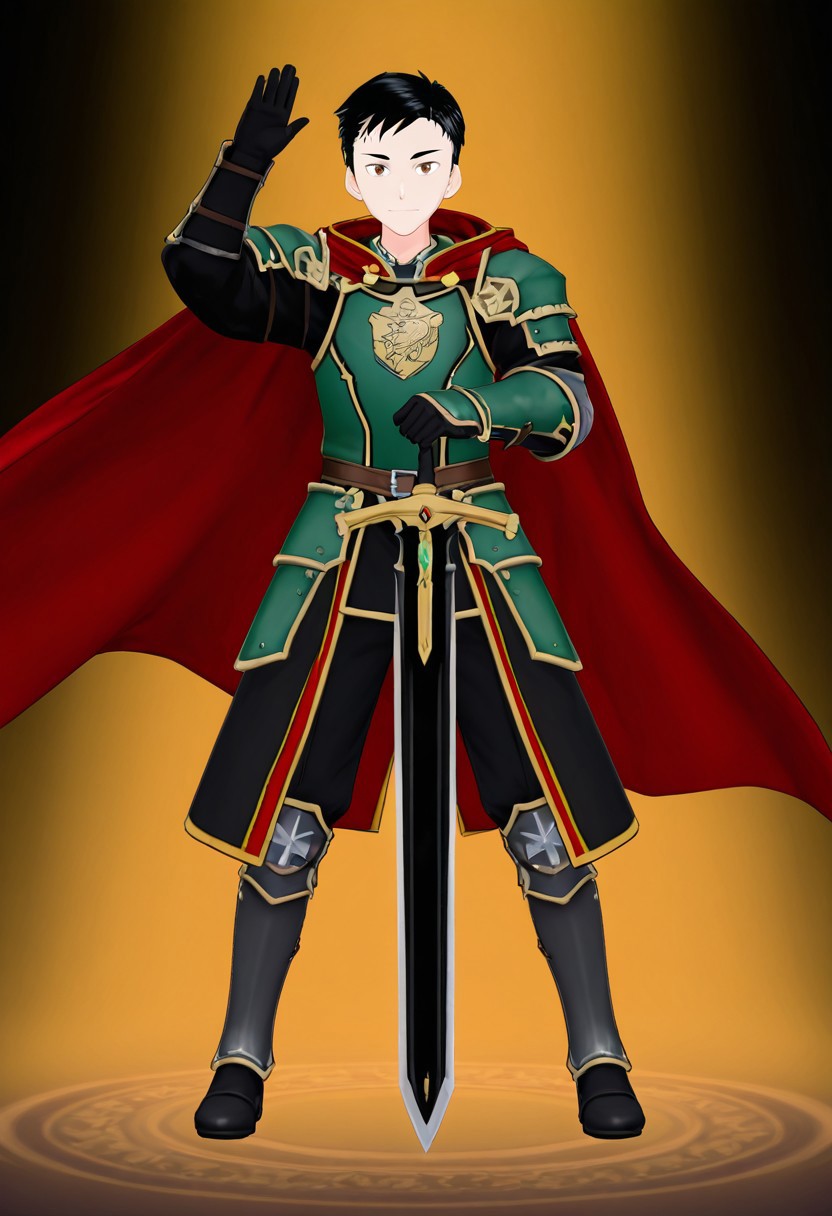 harmard, black hair, short hair, brown eyes, 1boy, solo, solo focus, young, youthful, he is dressed in a suit of dark iron platemail. Break. his right hand is holding up a black coloured sword, Properly holding the sword by the hilt, right hand up, brandishing a sword, his armour bears a crest of a yellow dove. fantasy armour. stylized silver dove emblems and symbols on armour and sheild. Break. epic background is a a beautiful palace. a strong wind is blowing his cape, green coloured armour, ready to fight pose, dawn sky in the background