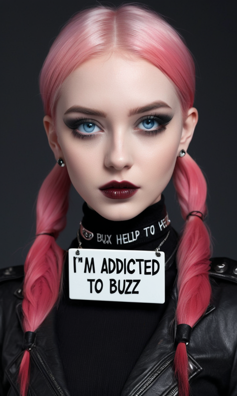  gothic woman with long, bright pink hair styled in loose twin ponytails. She has a pale, almost porcelain-like complexion, contrasting sharply with her dark gothic attire. Her makeup is dark and dramatic, with smoky black eyeshadow and deep red lipstick. She wears black clothing with gothic elements, such as a leather jacket with studs or a black lace dress, and has multiple ear piercings and possibly a choker around her neck, icy blue eyes, she is holding a sign which says: "I'm addicted to flux, need help or buzz.",erotic, perfect face, perfect anatomy, cute, beautiful, perfect beauty, amazing beauty, pure genius, absolutely perfect, gentle, highly detailed, breathtaking