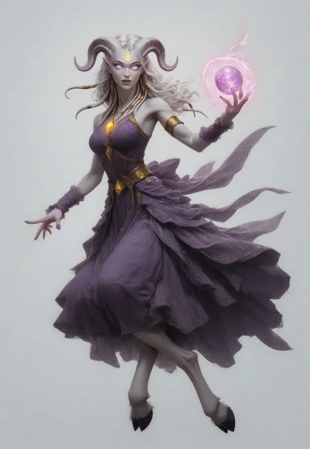 (absurdres, highres, best quality, masterpiece:1.4), 
score_9, score_8_up, score_7_up, score_6_up, 
detailed, 
detailed body, 
detailed face, 

(culDraenei, 
female, 
purple eyes, 
no sclera, 
no pupils, 
athletic, 
tall, 
slim, 
pale skin,
grey skin, 
long ears),

loose long purple dress,  
yellow pendant, 
sleeveless, 
magical spell, green aura, 

cheerful, 
(((full body))), 
posing, 
floating, 

(((white background, plain background))), 
(((no objects in background)))