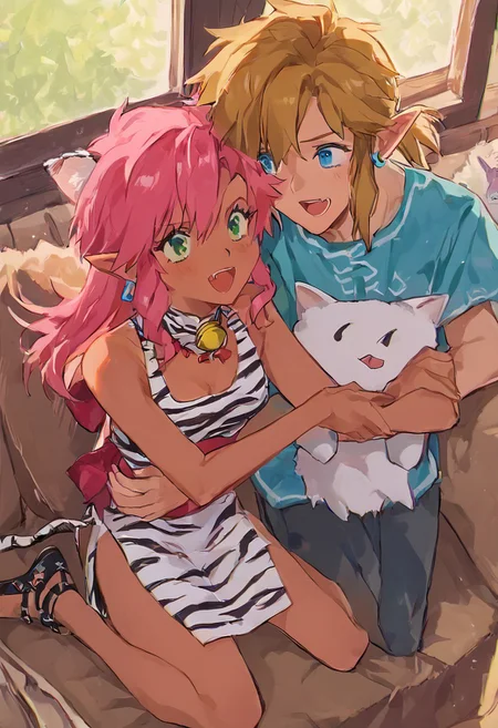 score_9, score_8_up, score_7_up, score_6_up, 1990s_(Style), Anime_Coloring, masterpiece, source_anime screenshot, duo, 2 girls, 1 boy, vivid colors, anime style, cartoon anime, source_anime, high-res, beautiful aesthetic, very intricate, high-quality details, vibrant, highly detailed, award-winning, professional, sleek and shiny, <lora:pink-ponyxl-v2:1>, single fang showing, sleeveless dress, white tiger print dress, pelvic curtain, cleavage, white cat ears, cat bell necklace, bright pink hair, tanned, white tiger tail, red sash, small breasts, leather shoes, detailed eyes, green eyes, detailed face, pink looking lonely, BREAK score_9, score_8_up, score_7_up, score_6_up, Masterpiece, source_anime, anime style, 1 girl, 1 boy, vivid colors, high-res, beautiful aesthetic, very intricate, high-quality details, vibrant, highly detailed, award-winning, professional, <lora:link:1> link1, link, pointy ears, blonde hair, blue eyes, medium hair, side locks, earrings, short ponytail, blue hylian tunic, looking excited
Break
In cozy cottage, near window, dark outside, in front of fireplace, on sofa, pink hugging stuffed link plushie, stuffed link toy hugged, hugging, stuffed link
