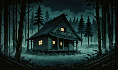 score_9, score_8_up, score_7_up, score_6_up, source_anime, scenery, no humans, night, fog, forest, cabin, horrorStylez