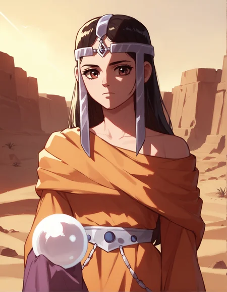 score_9, score_8_up, score_7_up,score_6_up,high resolution,upper body,mrl,1girl,in a desert,dress,circlet,volumetric lighting,rim lighting,dof,dramatic shadow,looking at viewer,standing,crystal ball, j0j0styl3