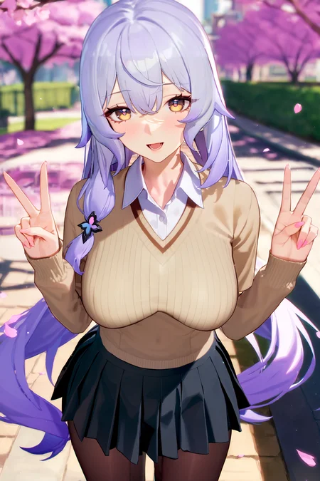 masterpiece, best quality, very aesthetic, ray tracing, newest,(hitenkei, askzy:0.5), 1girl, black swan \(honkai: star rail\), solo, school uniform, white shirt, sweater, pleated skirt, pantyhose, light smile, double v, looking at viewer, smile, open mouth, outdoors, street, cherry blossoms, petals, depth of field <lora:quality1:0:hr=1>, <lora:Char-HonkaiSR-BlackSwan-XL-V1:1>