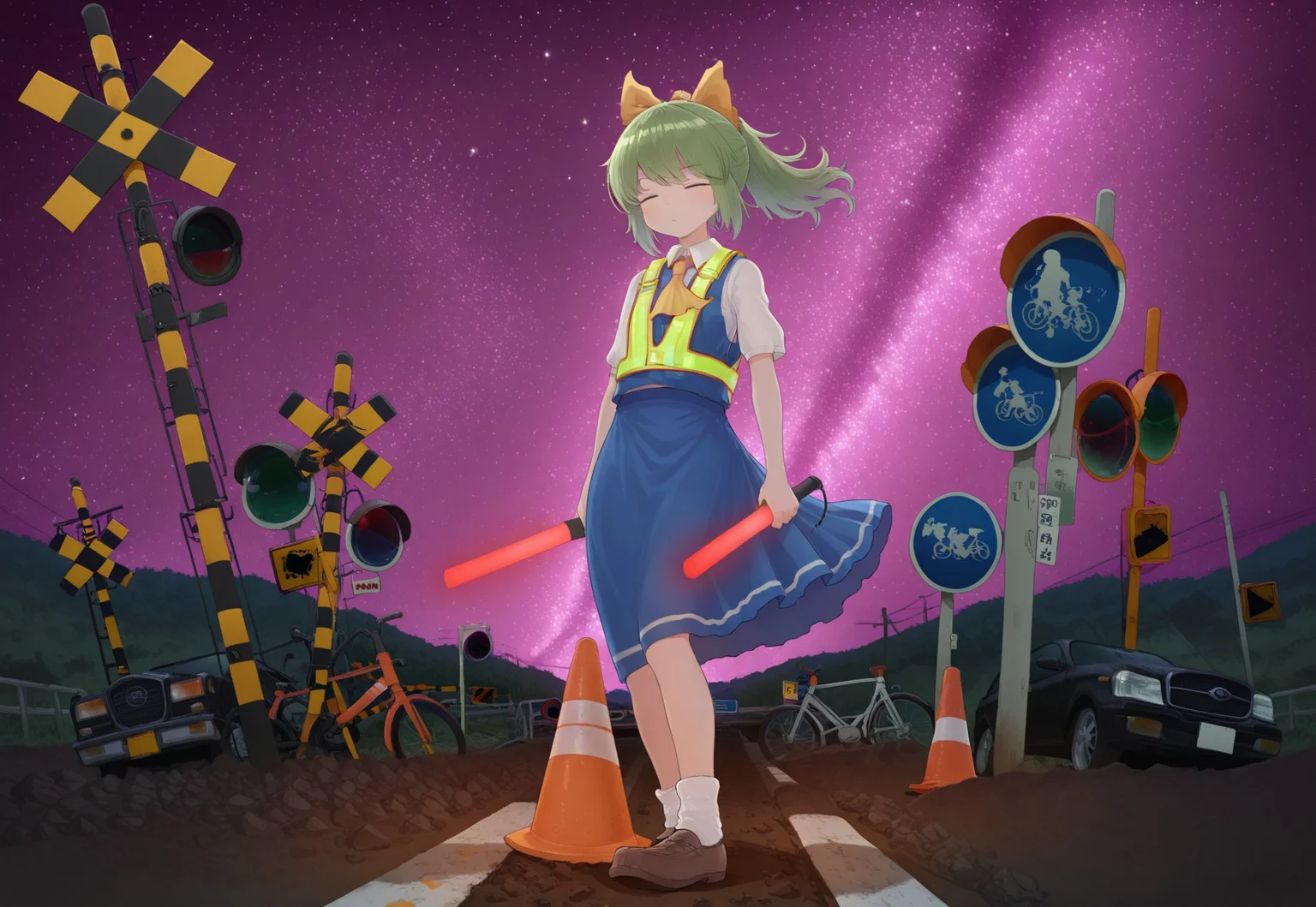 best quality, masterpiece, full body,
1girl, solo, diyusi \(cookie\), closed eyes,
green hair, medium hair, ponytail, yellow hair bow,
blue vest, high-visibility vest, blue skirt, white shirt, collared shirt, skirt set, yellow ascot,
short sleeves, brown shoes, bangs, socks,
traffic baton, holding traffic baton,
glowing weapon,
floating clothes, floating hair,
road sign, traffic cone,
bicycles only sign, pedestrians only sign, railroad crossing ahead sign,
traffic light, traffic mirror,
black car, railroad crossing,
star (sky), night, milky way, starry sky,
standing, gravel, standing on gravel,