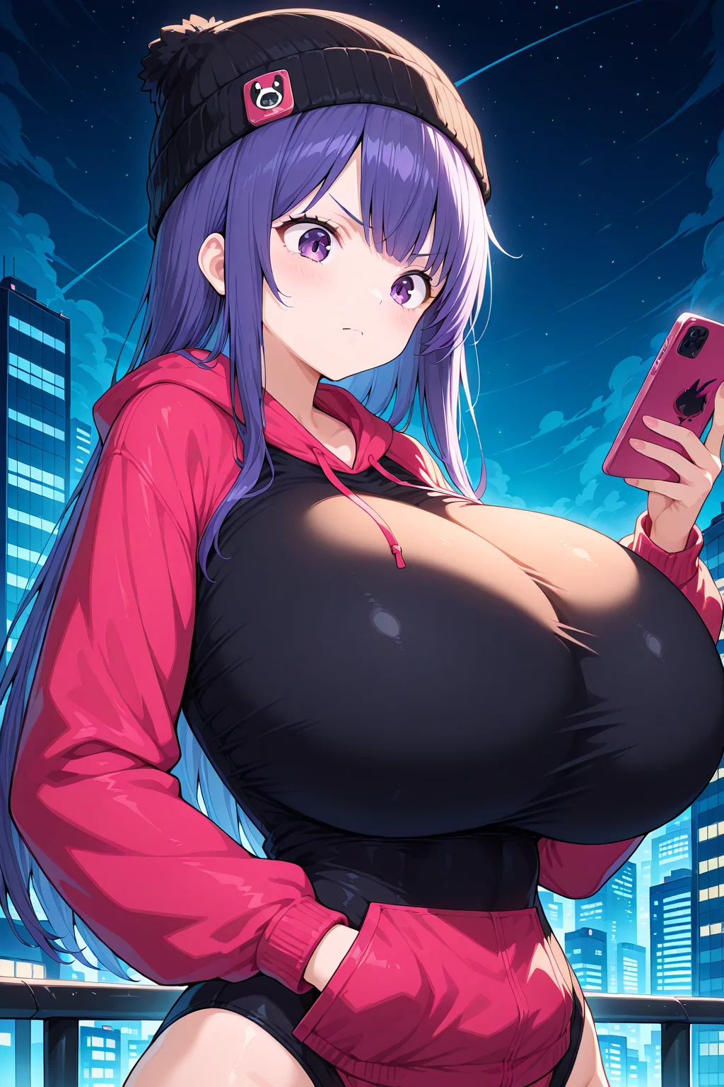 1girl, solo, hoodie leotard, <lora:Hoodie Leotard Illustrious:0.6>, huge breasts, beanie, long hair, frown, holding phone, cityscape, smartphone, hand in pocket