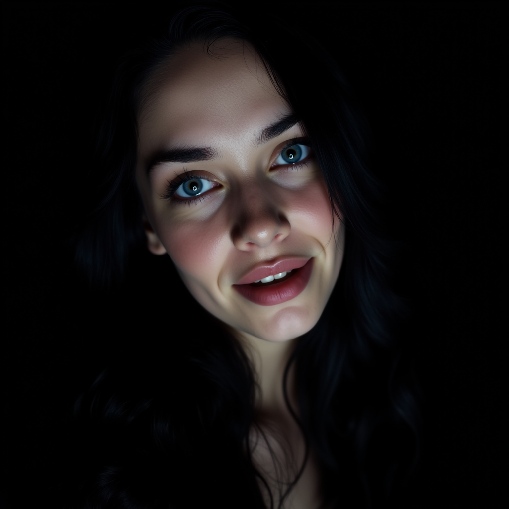 <lora:Chiaroscuro Lighting Style v1:1>
Chiaroscuro Lighting Style of a woman with blue eyes and long hair, sharp, detailed, perfect, perfection, realism, cinematic exposure, cinematic color, cinematic contrast, dramatic style, cinematic style, dramatic shadow, partially covered in shadow, Chiaroscuro Lighting Style, 1girl, solo, long hair, looking at viewer, blue eyes, black hair, closed mouth, lips, portrait, close-up, realistic, eye focus, eyelashes, horror (theme), smile, simple background