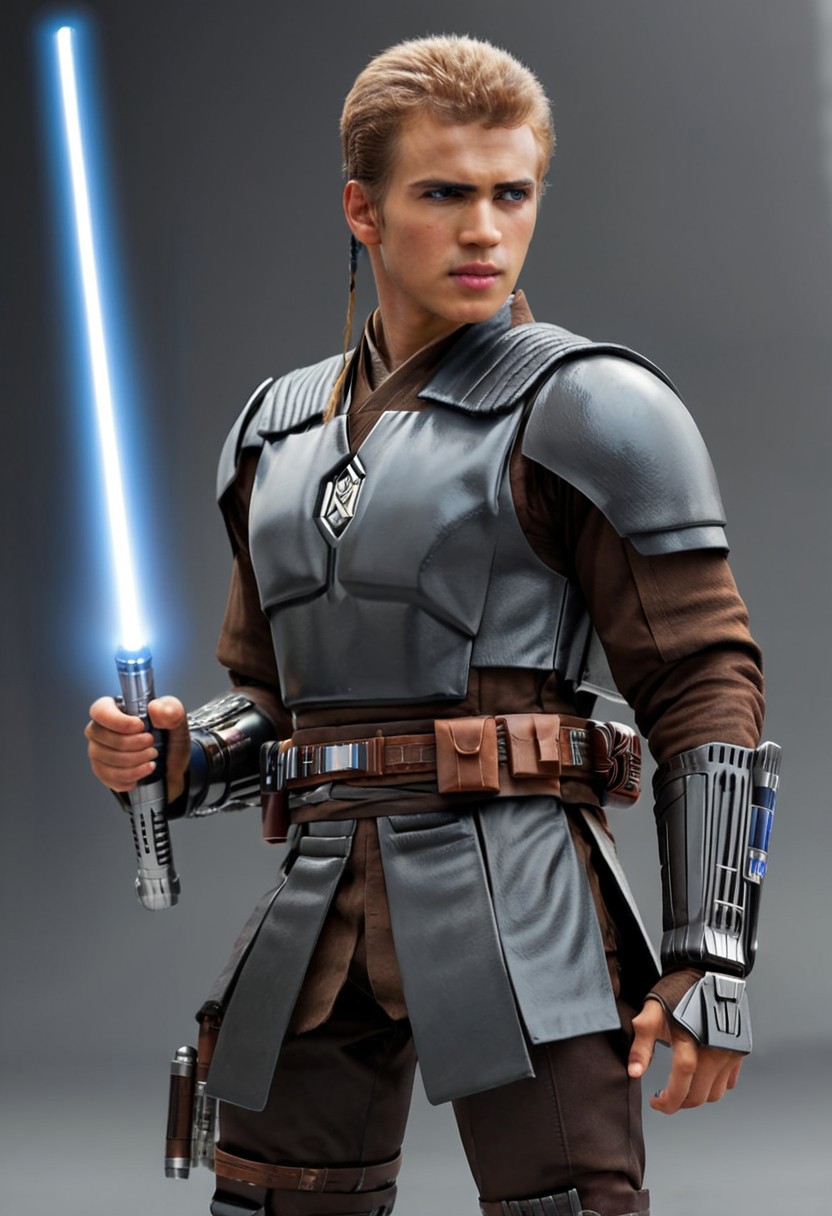 Anakin Skywalker, 18-years old, ((full-body)), blonde hair, bracers armor, ((cyber armor)), jedi armor,holding a light saber,7-MandalorianArmour, lightstaff in hands, wide shot, street, Breathtaking, 8k resolution, extremely detailed, beautiful, establishing shot, artistic, hyperrealistic, ultra realistic render, extremely fine details, like-like render, cinematic lighting, dramatic volumetric lighting, masterpiece, light brazen, extremely detailed and beautiful face, 150mm, HDR10 <lora:Wowifier:0.69> <lora:Details:0.85>, starwars, sci-fi, fantasy, intricate, very very beautiful, elegant, neon light, highly detailed, concept art, soft light, hdri, smooth, sharp focus