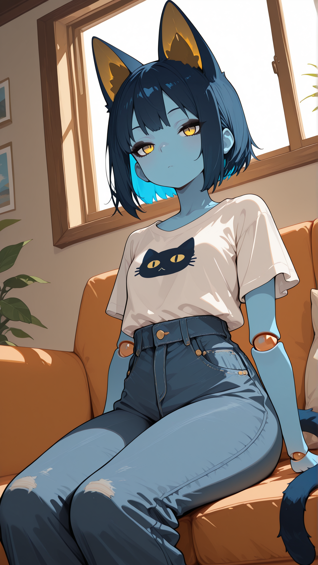 masterpiece, best quality, amazing quality, absurd res,
Flatline, Flat vector illustration, masterpiece, best quality, good quality, very aesthetic, absurdres, newest, 8K, depth of field, focused subject, dynamic closeup angle,
 <lora:Capek_mrbalderus_for_Illustrious:0.7> 1girl, c4pek, cat ears, cat tail, short hair, colored skin, blue skin, yellow eyes, joints, blue hair, black eyeshadow, medium hips, short, dark blue ears, dark blue tail, gold inner ear, 
 shirt, jeans, indoors, living room, window, sitting on couch,
   <lora:S4bit4mago:1> S4bit4mago_illu, anime style