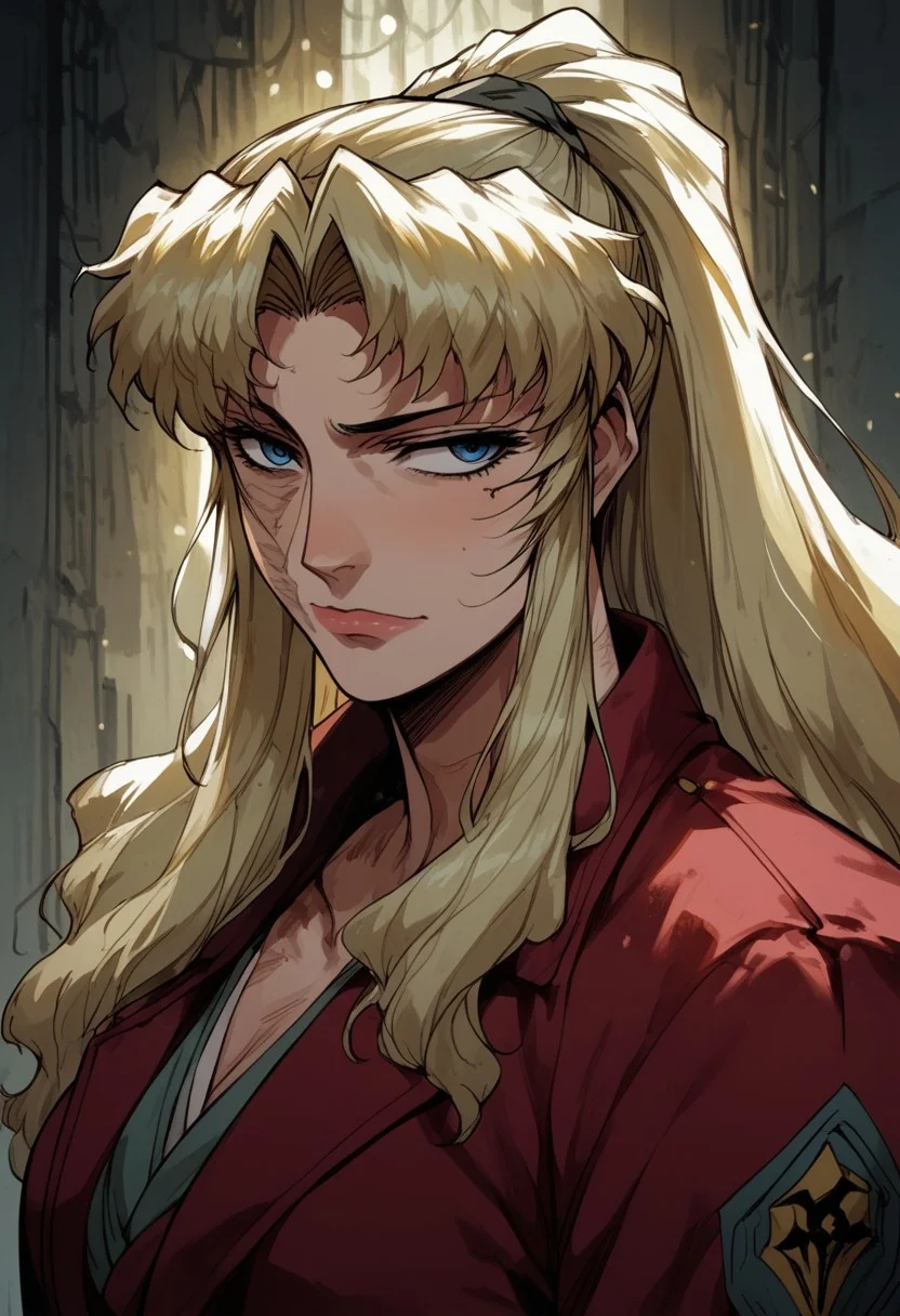 score_9, score_8_up, score_7_up, BREAK, 1woman portrait, beautiful, dramatic lights ((Balalaika, blonde, blue eyes, scars, burn marks))
<lora:Fant5yP0ny:0.6> <lora:fantasy_world_pony:0.9>
<lora:Cherry-Gig:0.55>