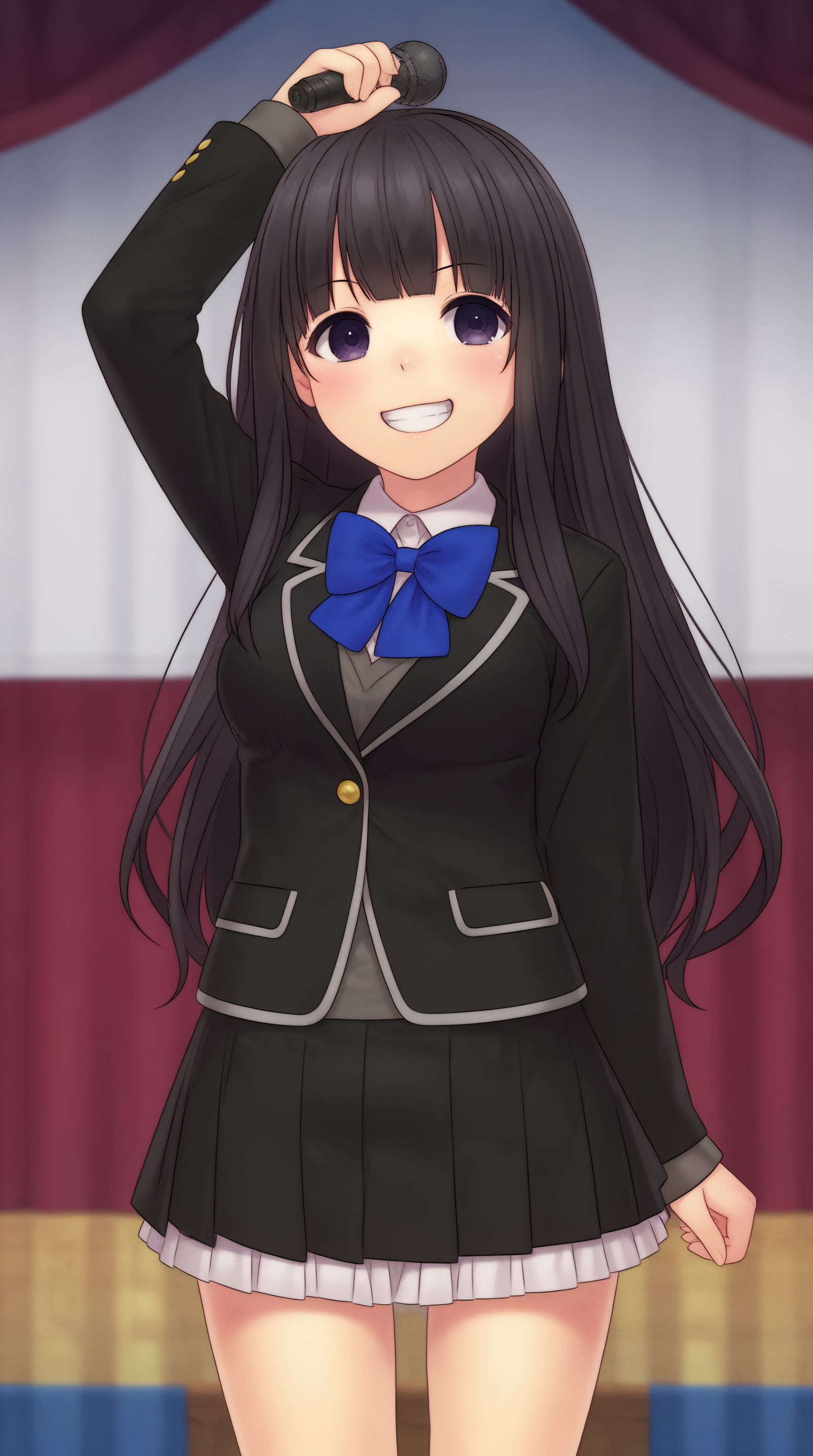 score_9, score_8_up, score_7_up,anime_source, source_anime, best background, detailed background, anime screencap, 4k, upscale,  Shinomiya Sumire,skirt, long sleeves, bow, standing, jacket, school uniform, pleated skirt, bowtie, black skirt, black jacket, blue bow, blazer, blue bowtie, microphone, party, grin, dancing,  <lora:JN_Shinomiya_Sumire_Pony:0.8>