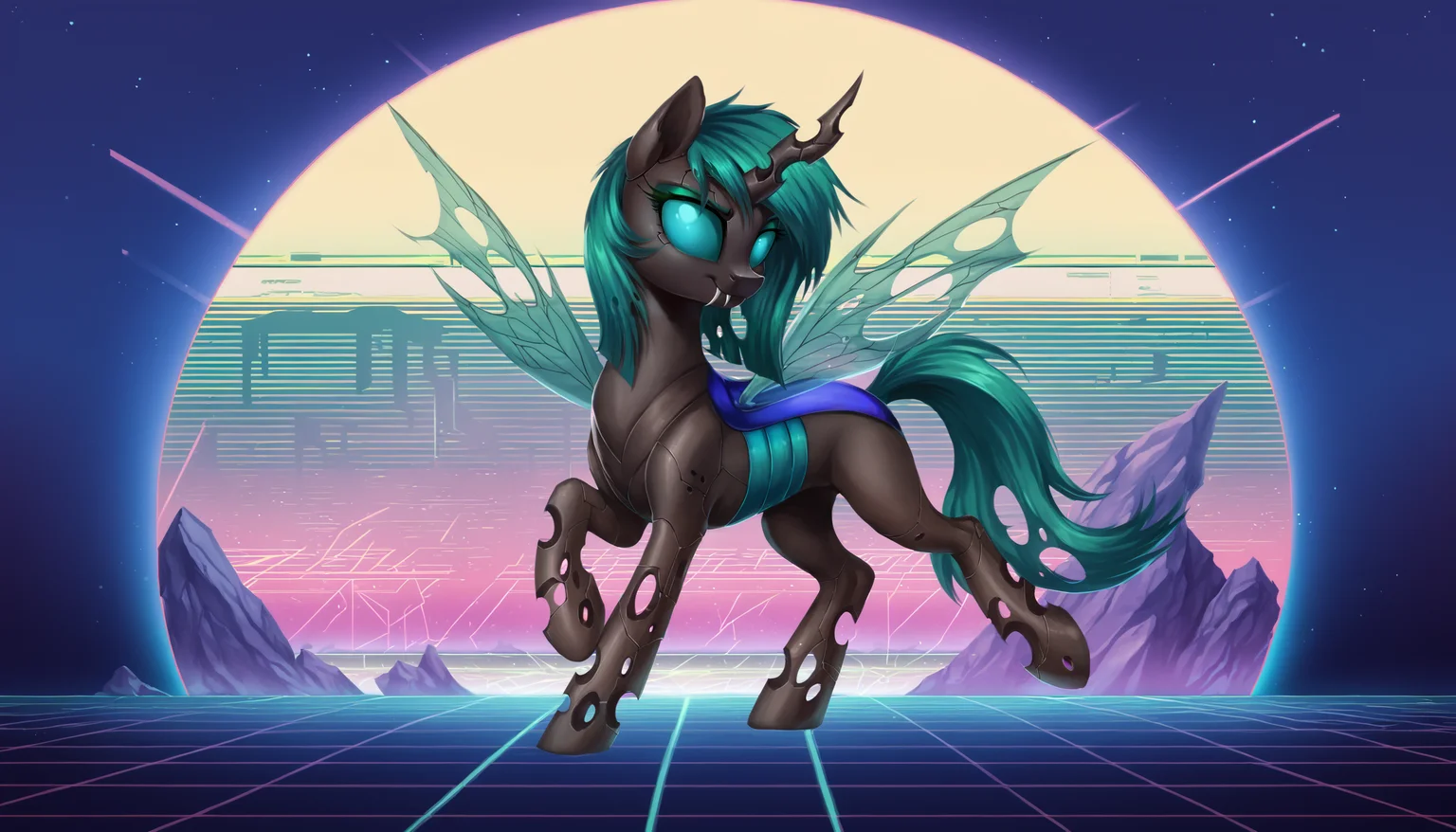 score_9, score_8_up, score_7_up, score_6_up, score_5_up, score_4_up, rating_safe, oc:04, changeling, pony, solo, cyberpunk, oc, oc only, vaporwave, changeling oc, detailed, detailed background, beautiful, <lora:Wholesome-MLP-v1.4b:1>