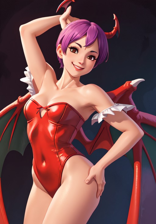 sfw, <lora:darkstalkers_lilith_nai:0.8>, darkstalkers_lilith, portrait, smile, (seductive, alluring, charming:1.3), seductive, (ultra-high res, high details, absurdres:1.3)