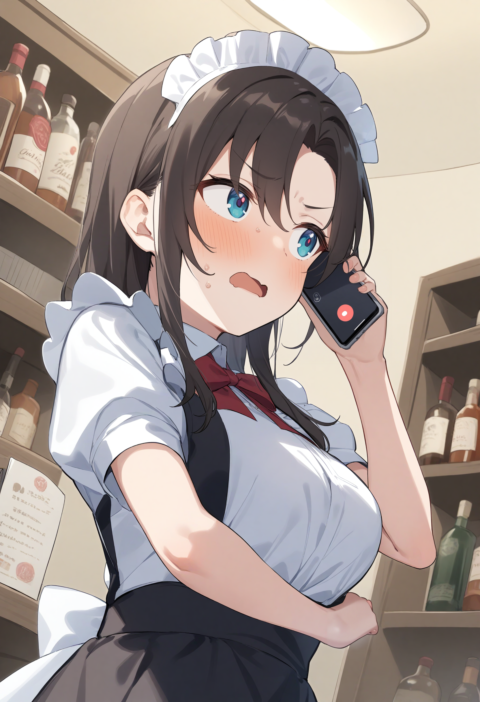 1girl,sincos, ningen mame, toosaka asagi,solo,large breasts,20yo,maid,maid headdress,
talking on phone ,smartphone,<lora:talkingonphone_XL_v1:0.8>
from below, fisheye lens, looking to the side, brown hair, white eyes,troubled eyebrows, shelves lined with liquor, open mouth, tired hair,,
masterpiece,best quality, very aesthetic, absurdres
