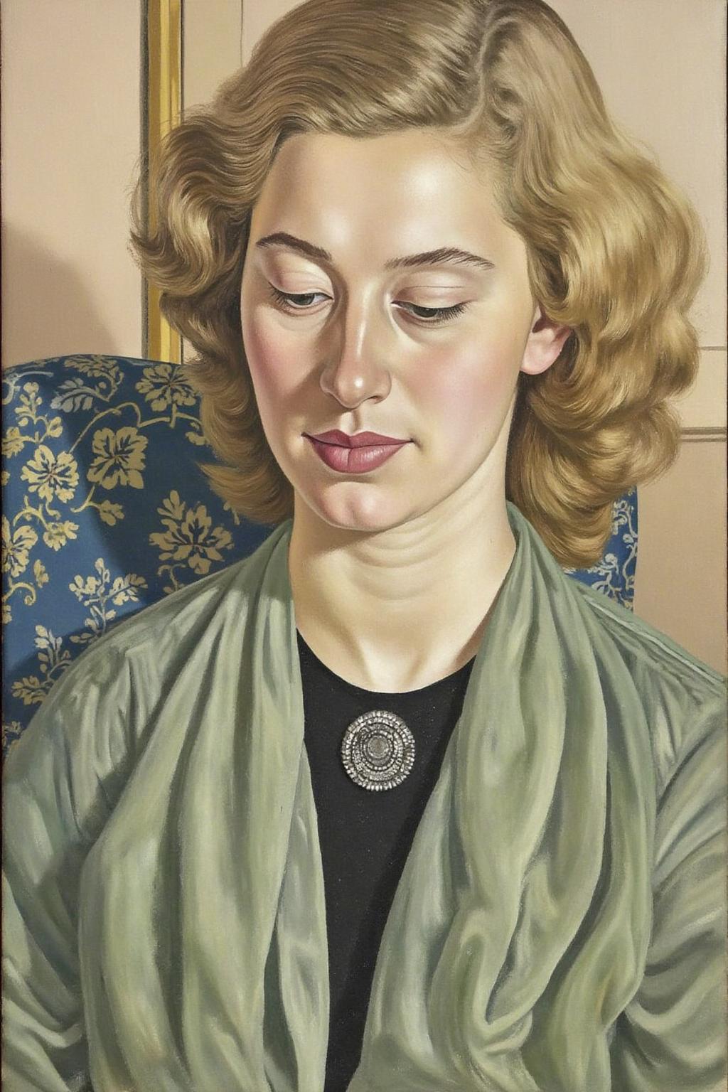 sspencer1 painting.
A painting of a young woman with a soft, wistful expression. She has shoulder-length, wavy, light brown hair styled in a gentle, natural manner. She is gazing downward. <lora:sspencer1_cap_d6a3:1.0><lora:832098726462920304:0>