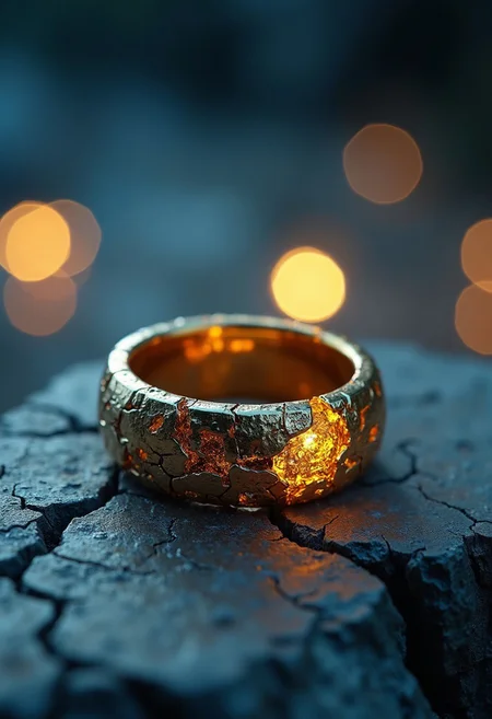 A cinematic close-up of a simple golden ring, its surface partially covered in cold iron, forged to suppress the powerful magic within. The cold iron appears weathered and cracked, with vibrant tendrils of mystical energy seeping through the fractures, glowing faintly in shades of ethereal blue and gold. The golden portions of the ring shimmer faintly, contrasting with the rugged, dark texture of the iron. A soft, dramatic light emphasizes the texture of the iron and the glowing magic, casting subtle shadows for a cinematic effect. The background is softly blurred, drawing full attention to the ring's intricate details. The atmosphere feels otherworldly and enchanting, hinting at the ring's immense power and the struggle to contain it. ((glowing bokeh and magical light)).